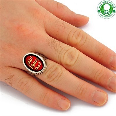 Sterling silver men's oval-shaped ring engraved with the Holy Seal with an enamel stone - 2