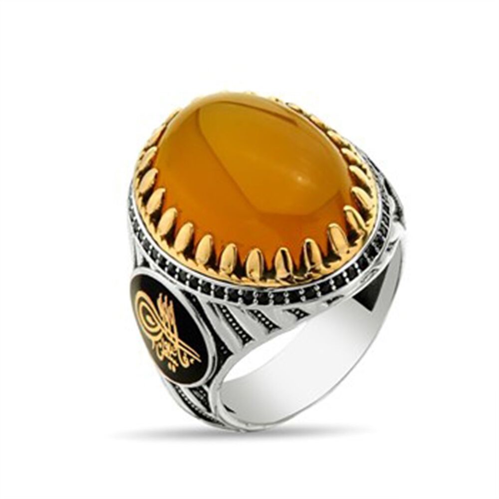 Sterling Silver Men's Ring with Yellow Agate Stone - 1