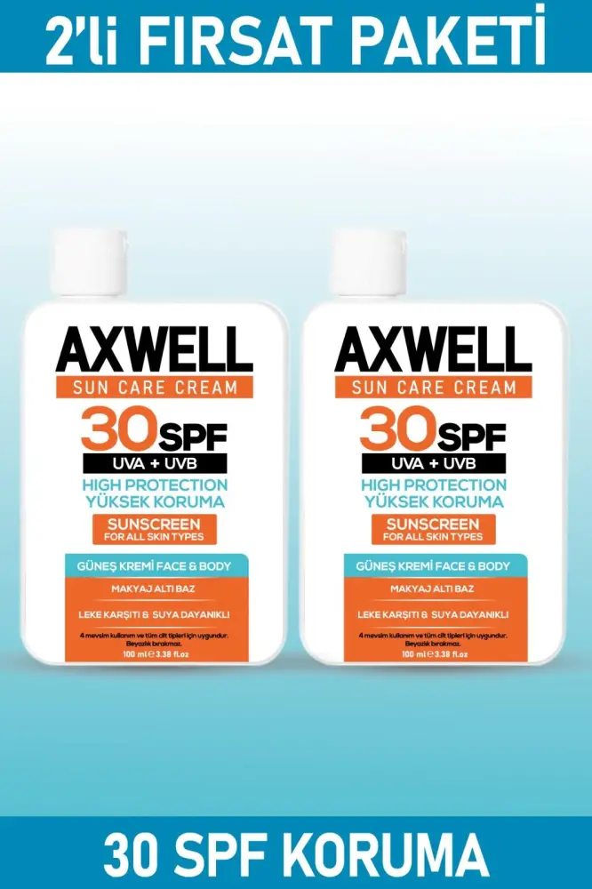 Axwell Sun Care Cream Güneş Kremi Yüksek Koruma 30 SPF 100ml 2 Li Fırsat Seti - 1