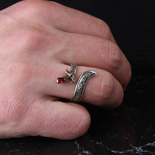 Silver Men's Ring 925 Sterling with Sword Design and Zircon Stone - 2