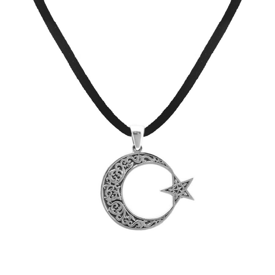 Symmetric Patterned Moon and Star Silver Men's Necklace - 1