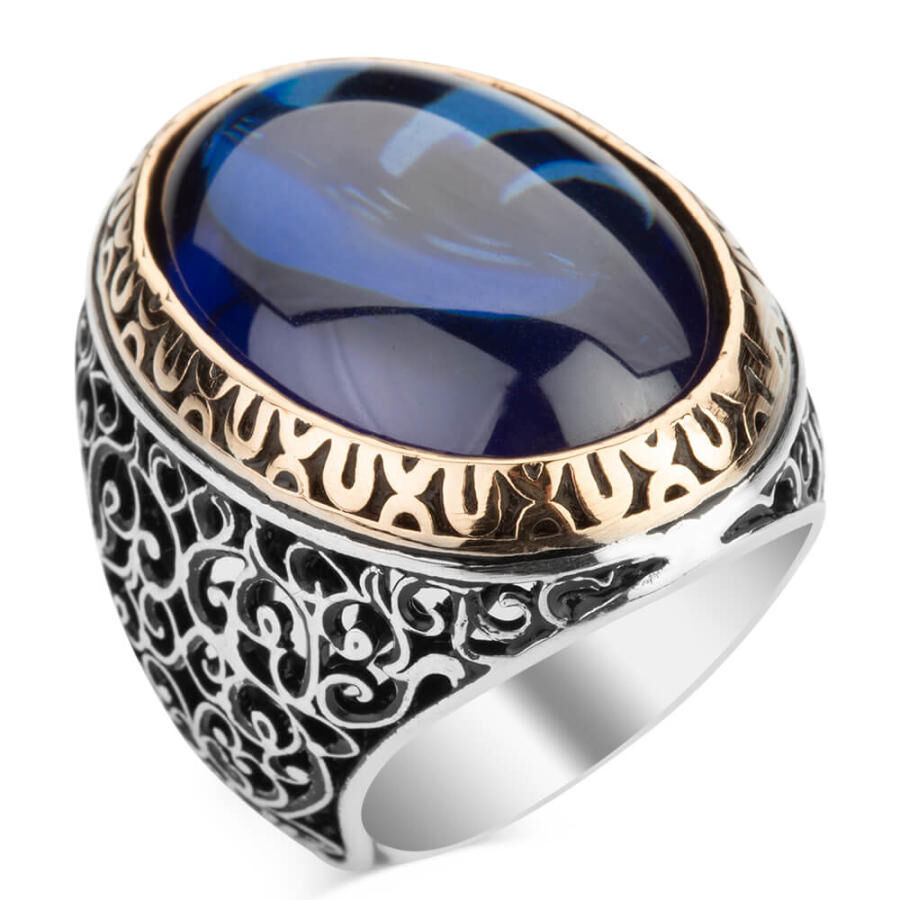 Symmetrical Patterned Oval Big Blue Stone Sterling Silver Men's Ring - 1