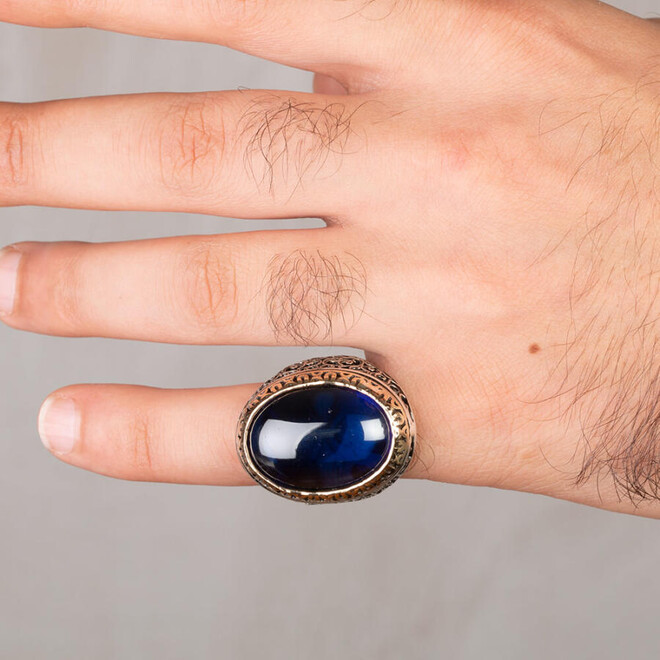 Symmetrical Patterned Oval Big Blue Stone Sterling Silver Men's Ring - 3