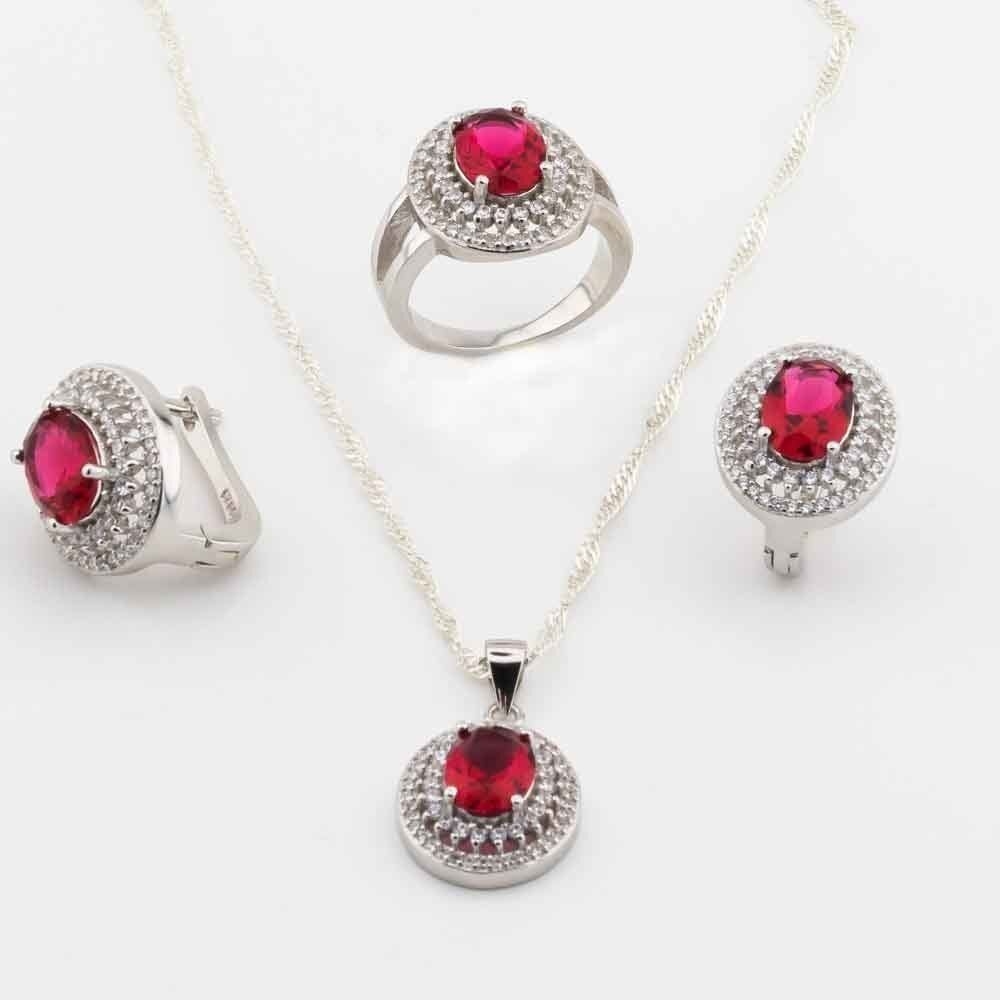 Takıhan 925 Sterling Silver Red Zircon Oval Set - 1