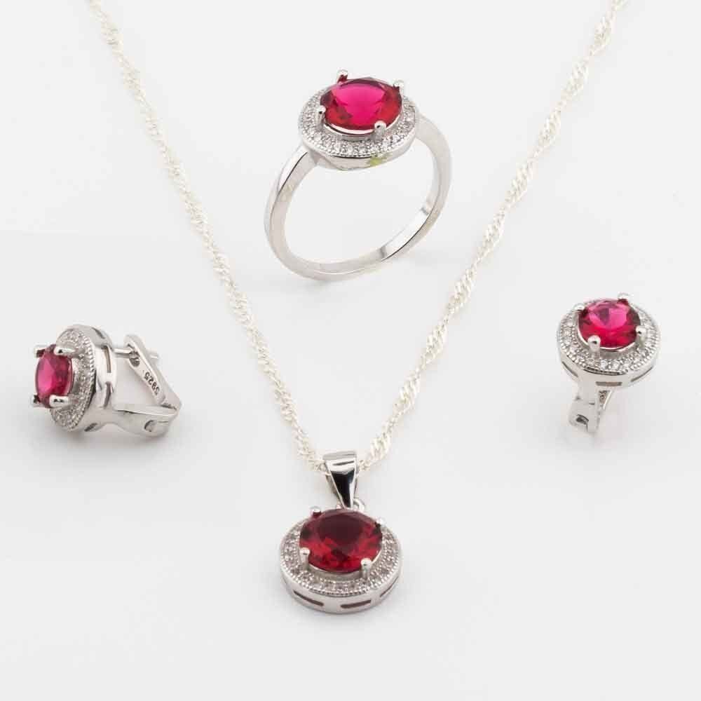 Takıhan 925 Sterling Silver Red Zircon Round Design Set - 1