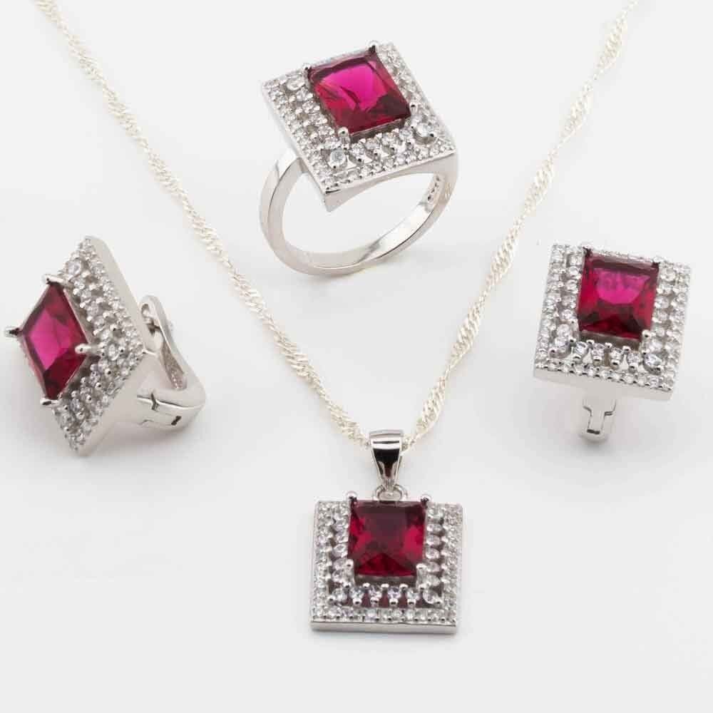 Takıhan 925 Sterling Silver Red Zircon Square Stone Set - 1