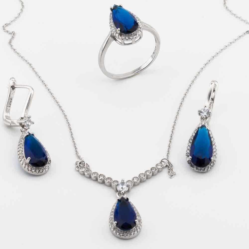 Takıhan 925 Sterling Silver Set with Blue Zircon Stone in Drop Design - 1