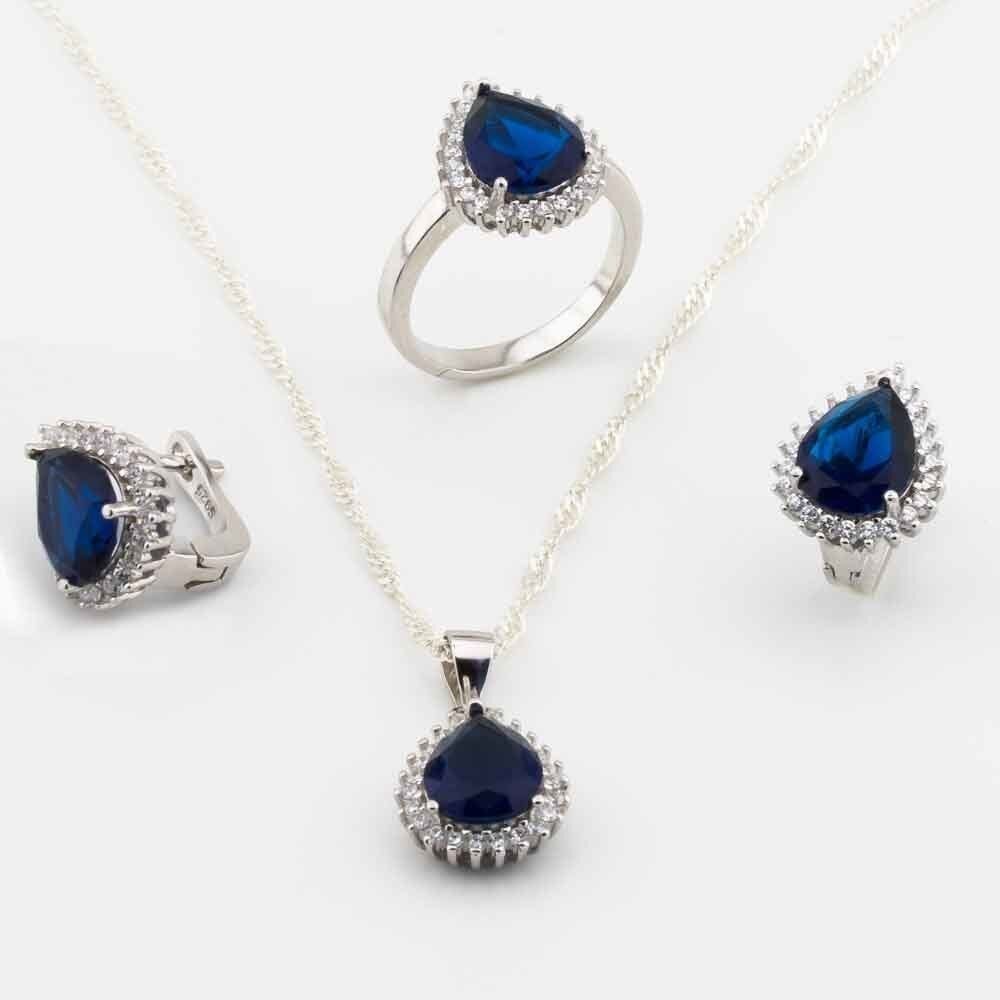 Takıhan 925 Sterling Silver Set with Blue Zircon Stone in Drop Design - 1