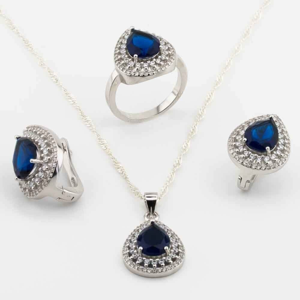 Takıhan 925 Sterling Silver Set with Blue Zircon Stone in Drop Design - 1