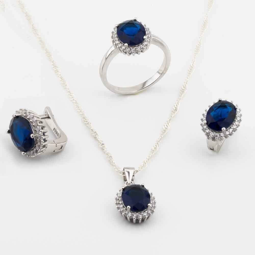 Takıhan 925 Sterling Silver Set with Blue Zircon Stone in Oval Design - 1