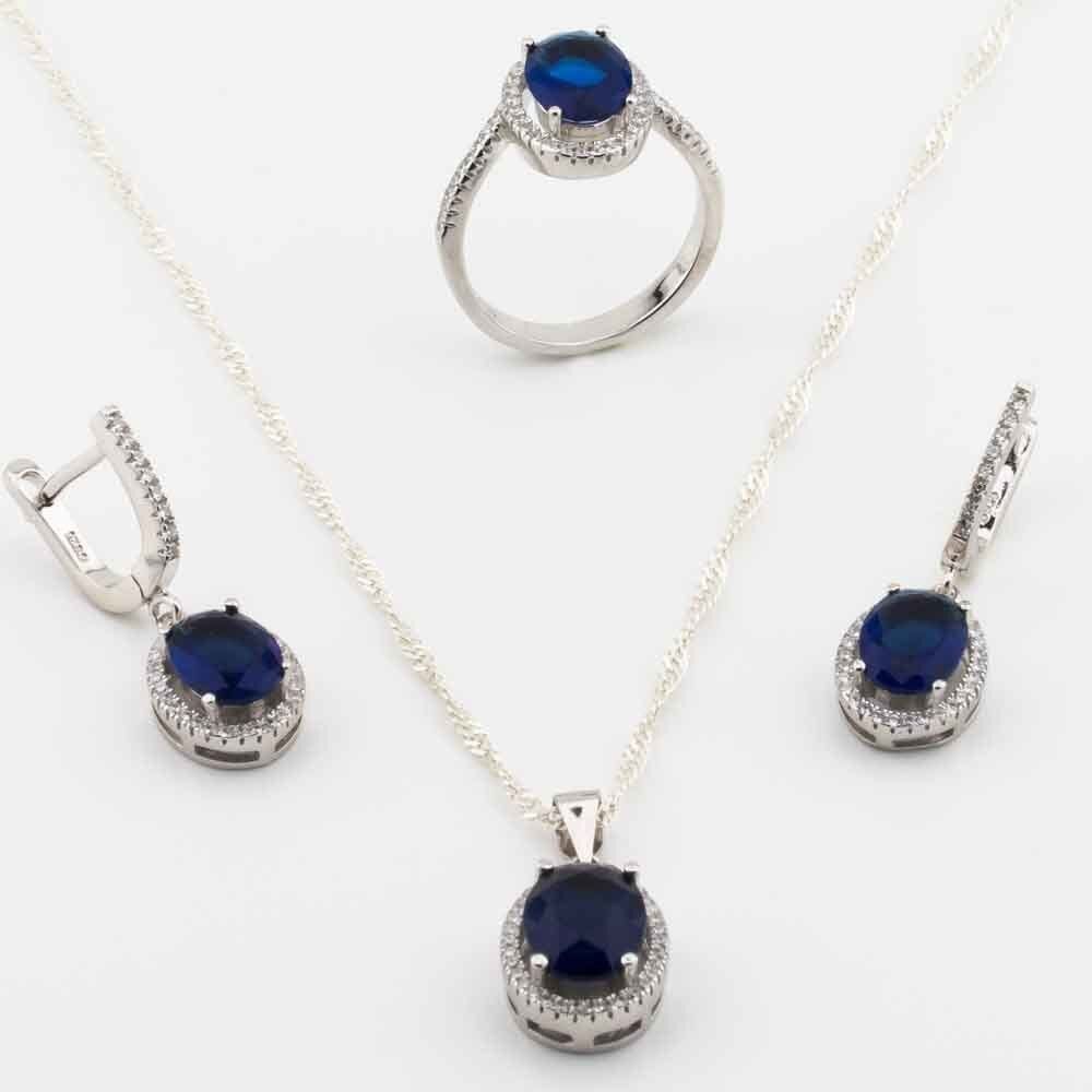 Takıhan 925 Sterling Silver Set with Blue Zircon Stone in Oval Design - 1