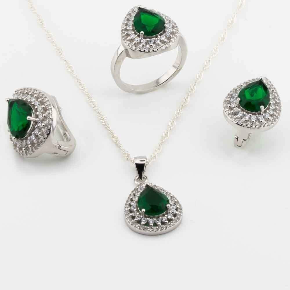 Takıhan 925 Sterling Silver Set with Green Zircon Stone in Drop Design - 1