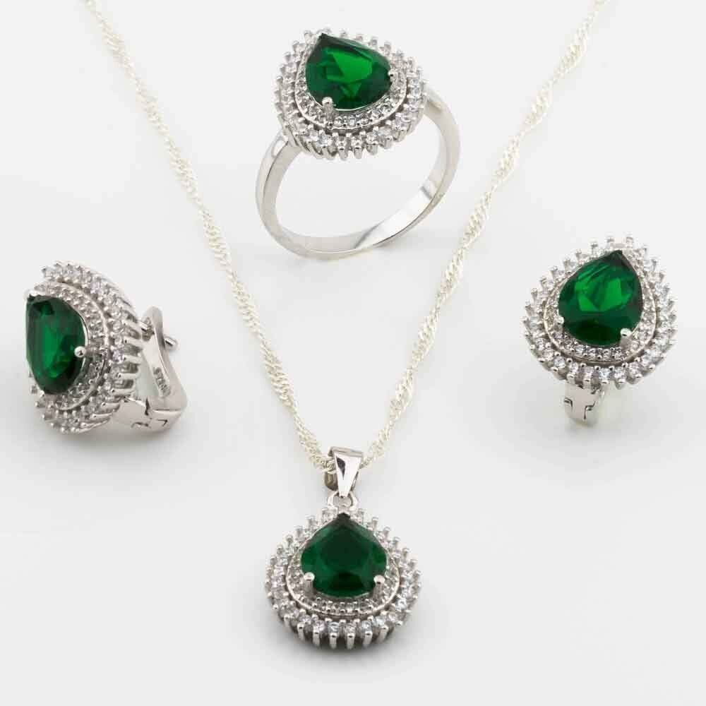 Takıhan 925 Sterling Silver Set with Green Zircon Stone in Drop Design - 1