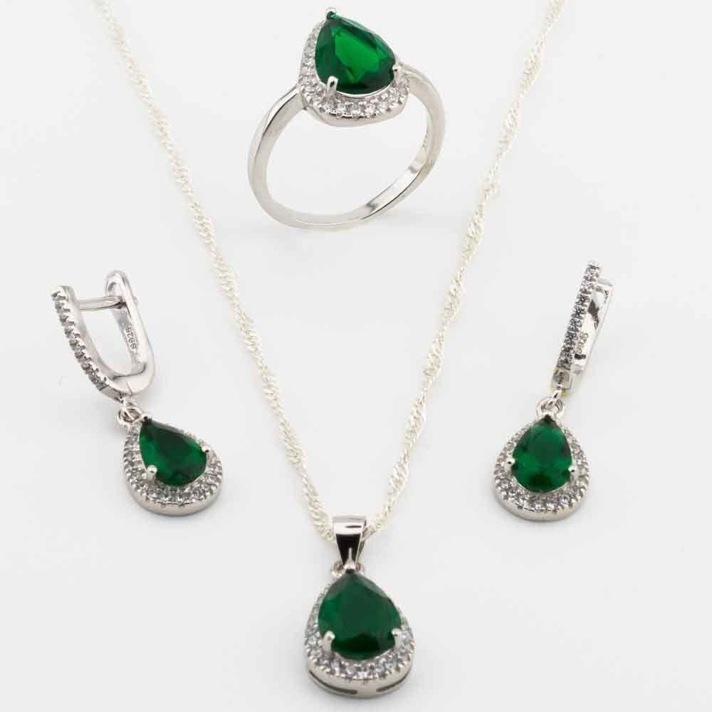 Takıhan 925 Sterling Silver Set with Green Zircon Stone in Drop Design - 1