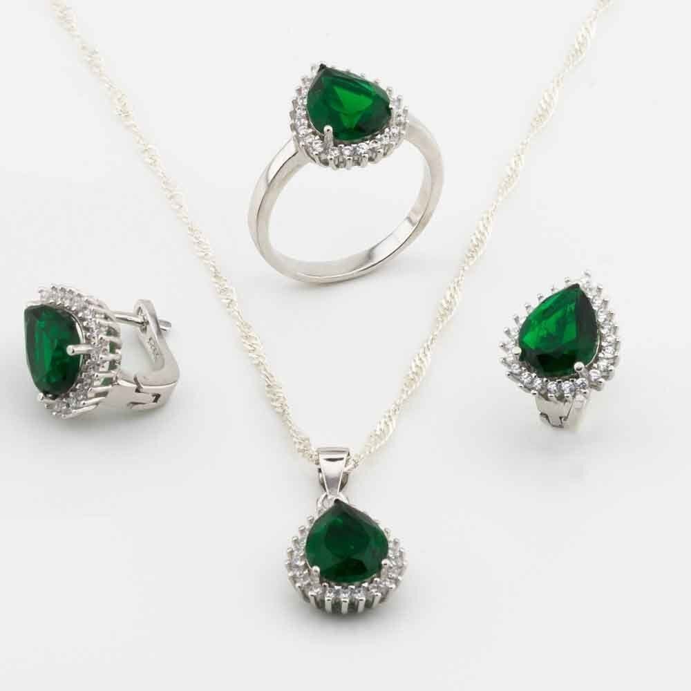 Takıhan 925 Sterling Silver Set with Green Zircon Stone in Drop Design - 1