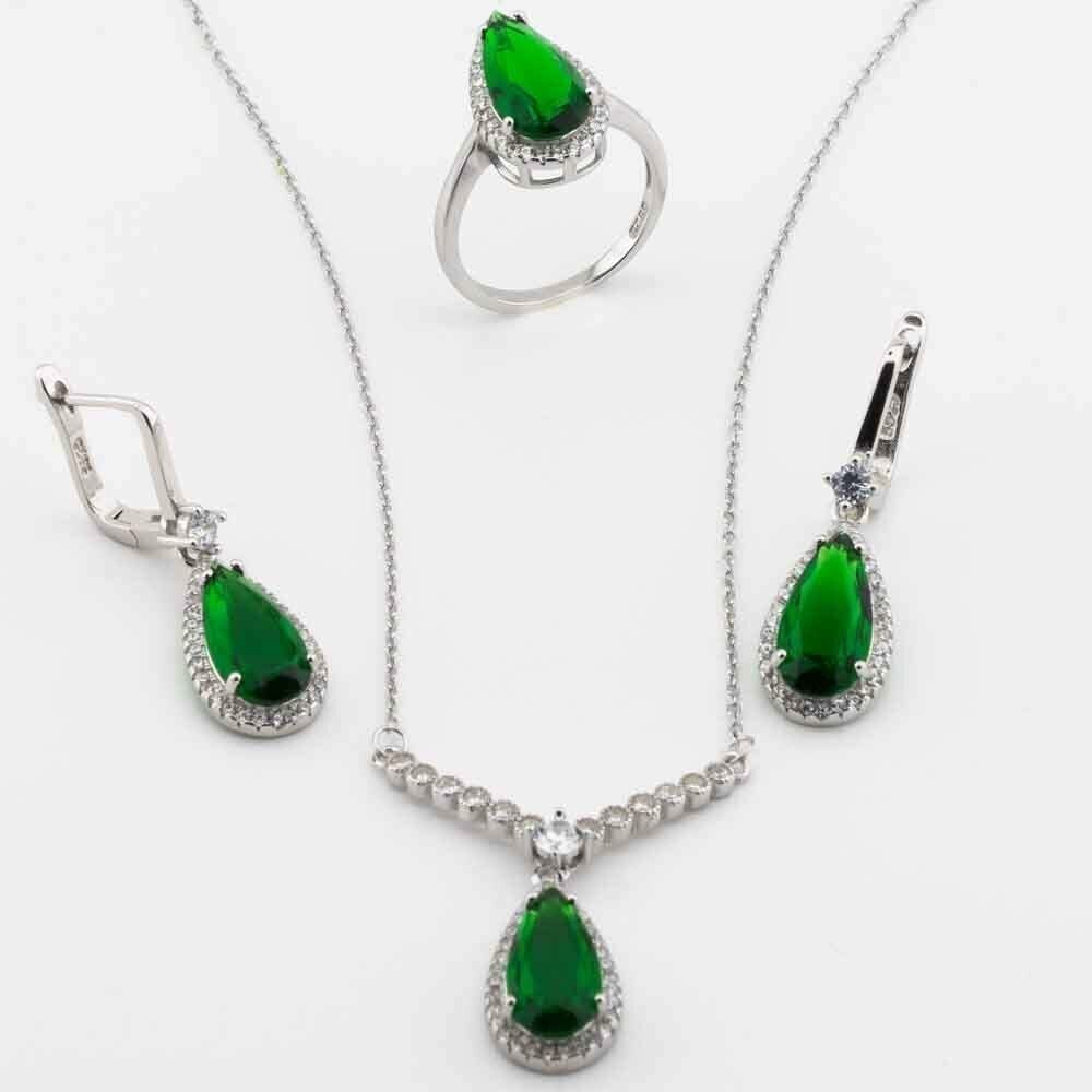 Takıhan 925 Sterling Silver Set with Green Zircon Stone in Drop Design - 1