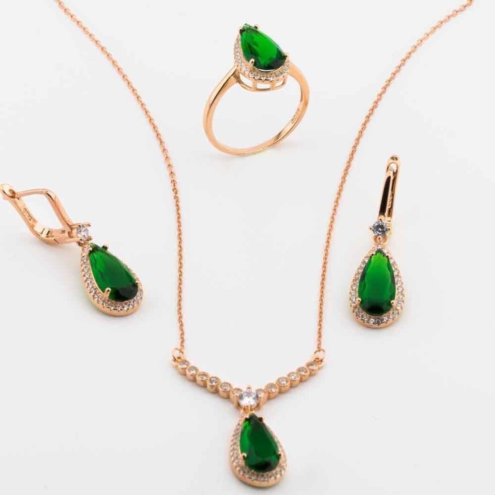 Takıhan 925 Sterling Silver Set with Green Zircon Stone in Drop Design - 1