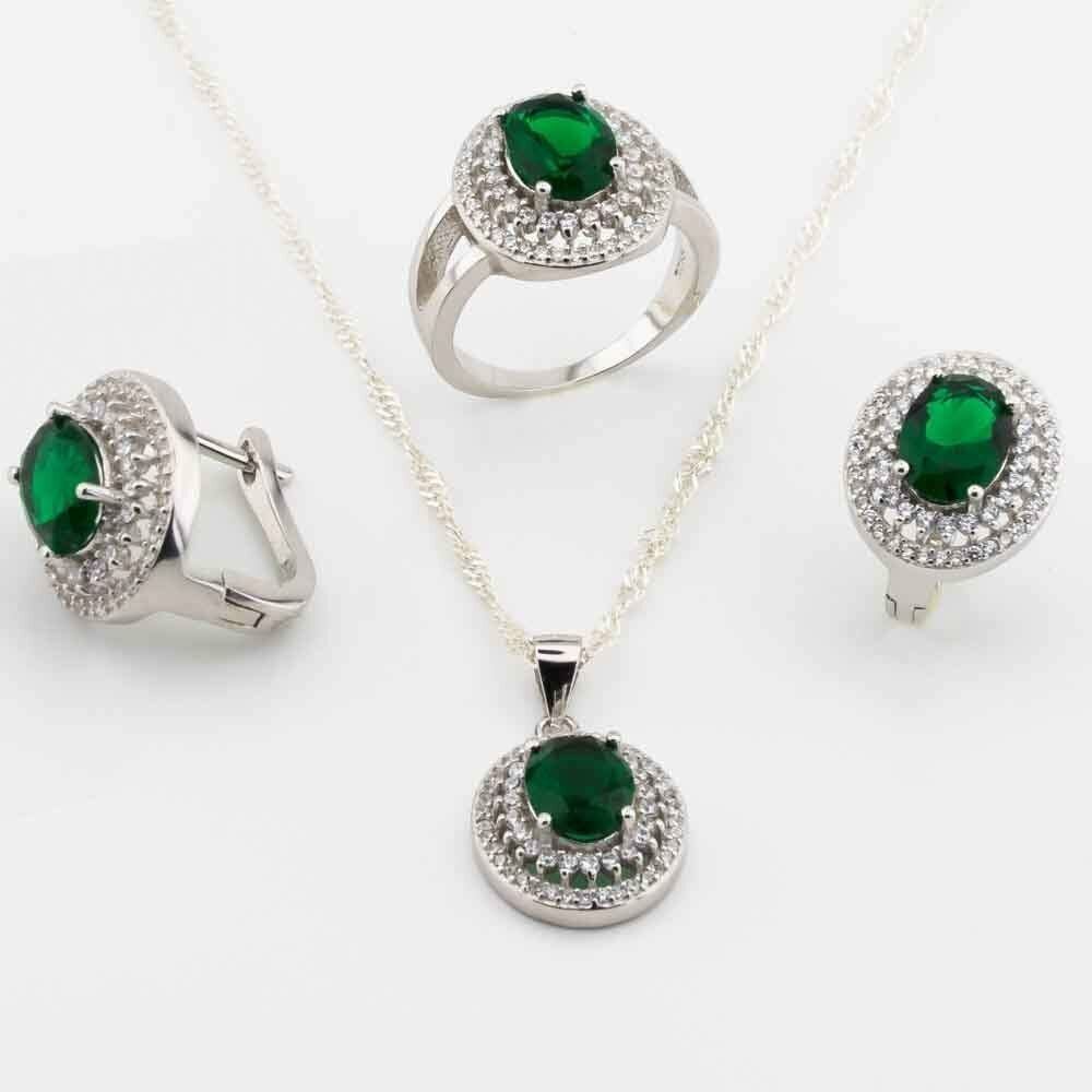 Takıhan 925 Sterling Silver Set with Green Zircon Stone in Oval Design - 1