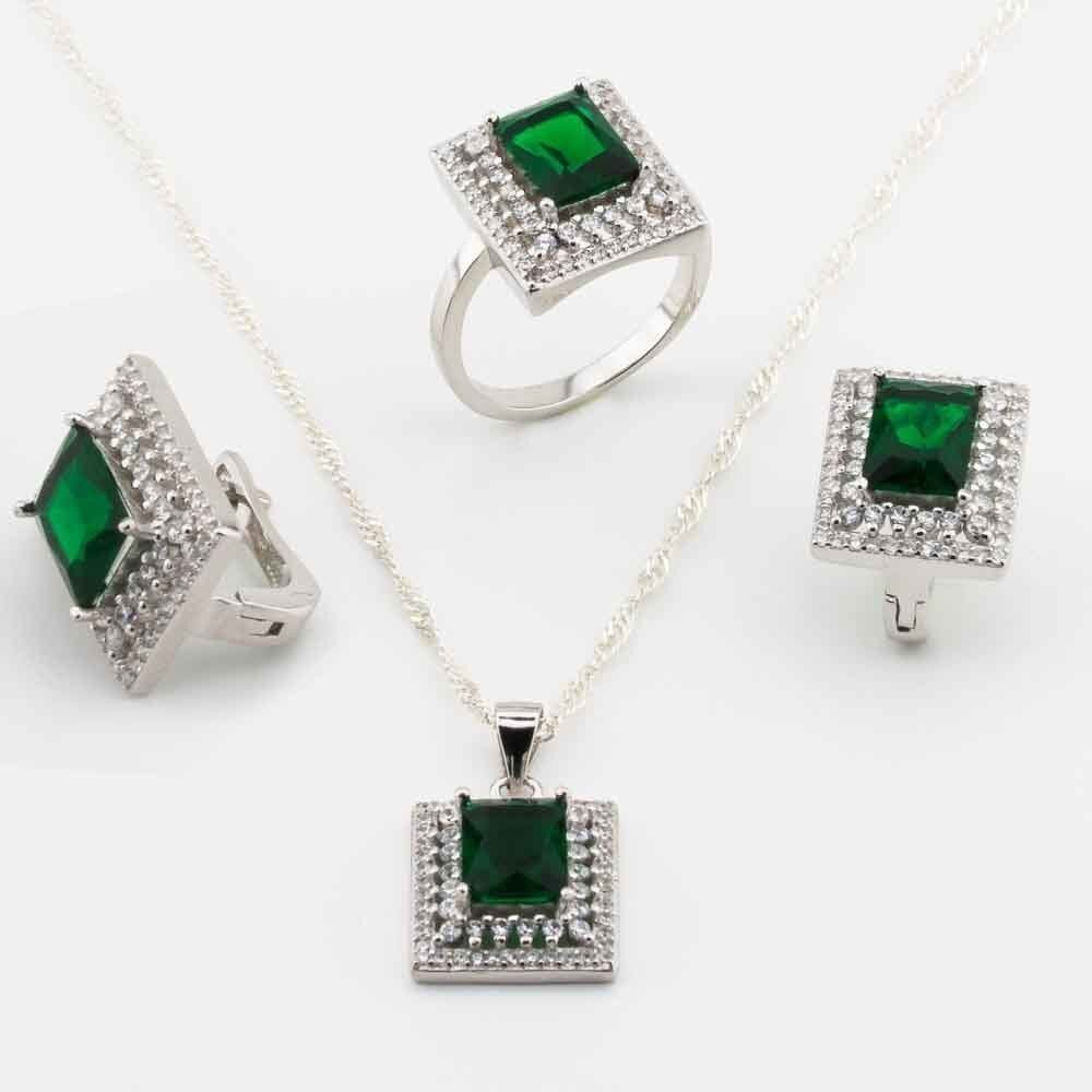 Takıhan 925 Sterling Silver Set with Green Zircon Stone in Rectangular Design - 1