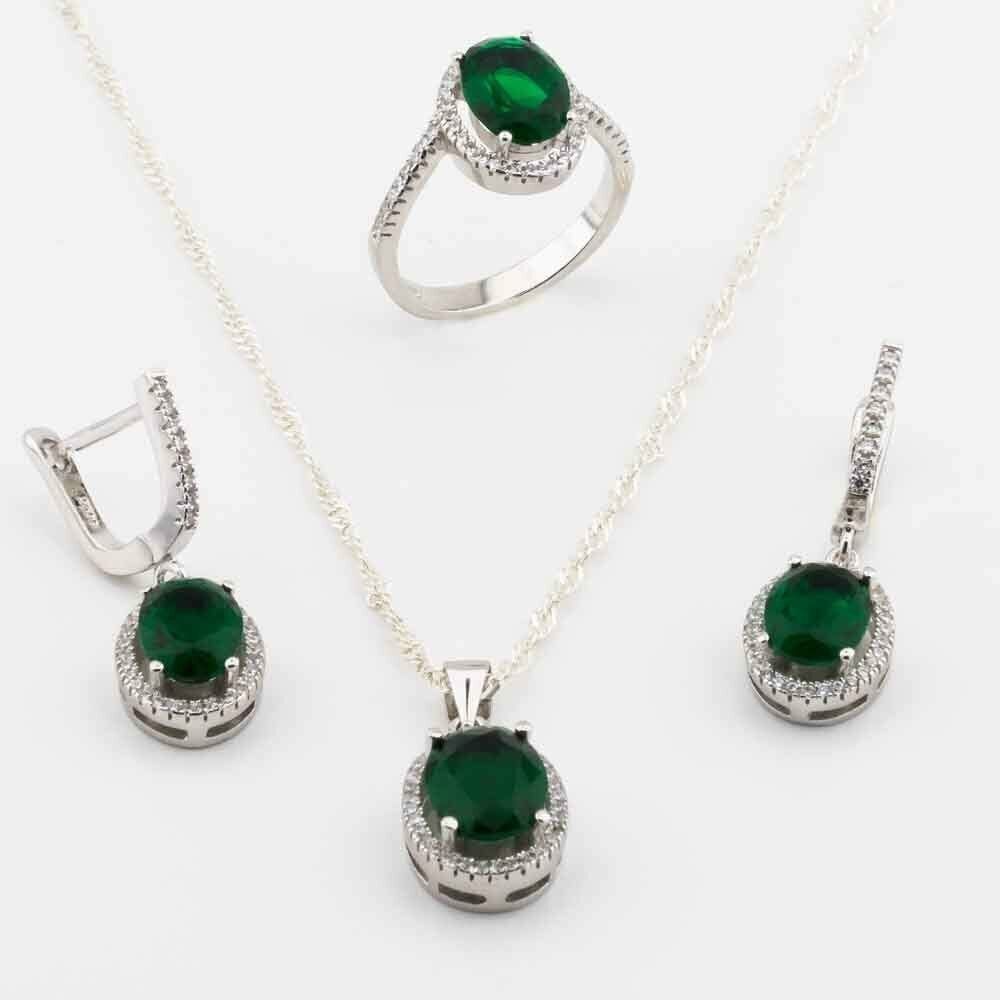 Takıhan 925 Sterling Silver Set with Green Zircon Stone in Round Design - 1