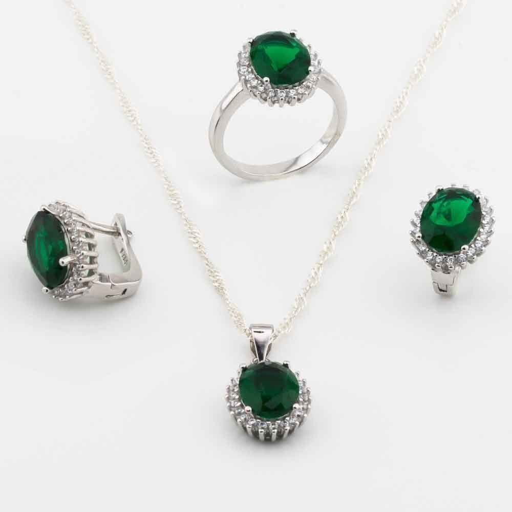 Takıhan 925 Sterling Silver Set with Green Zircon Stone in Round Design - 1