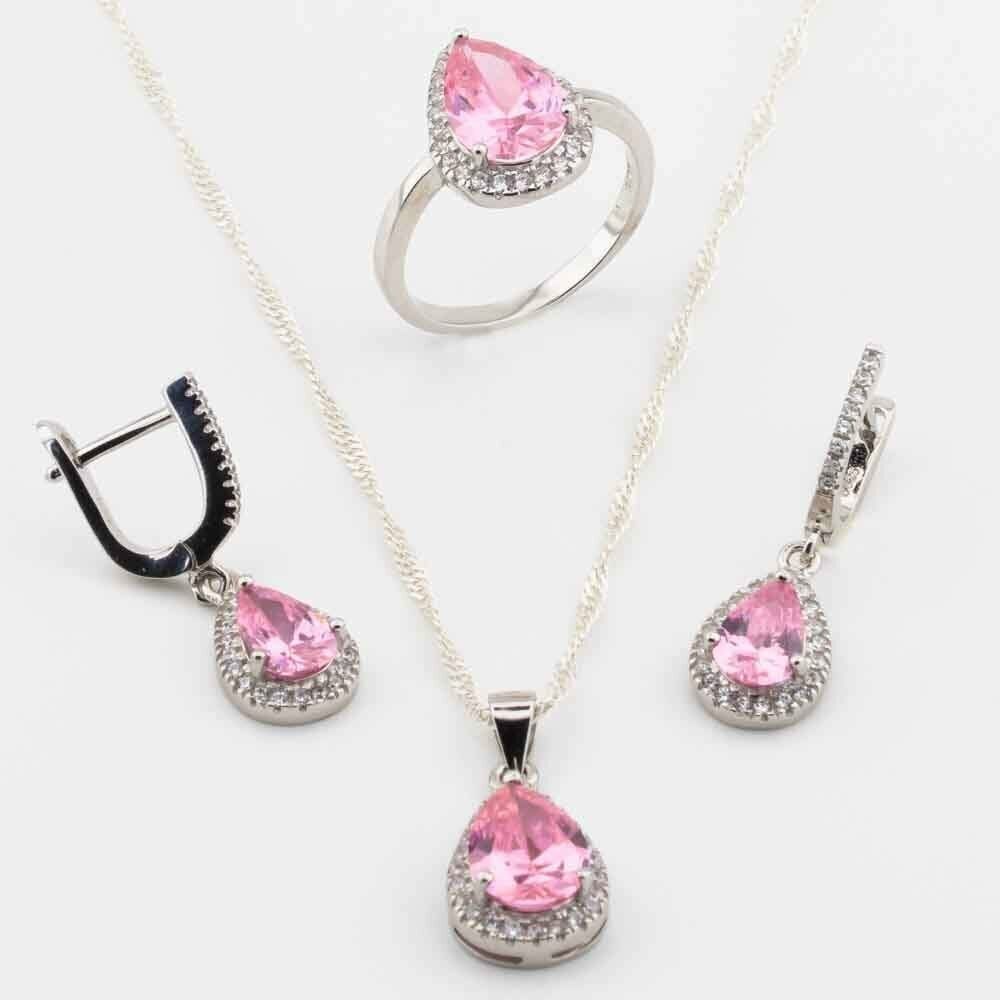 Takıhan 925 Sterling Silver Set with Pink Zircon in Teardrop Design - 1