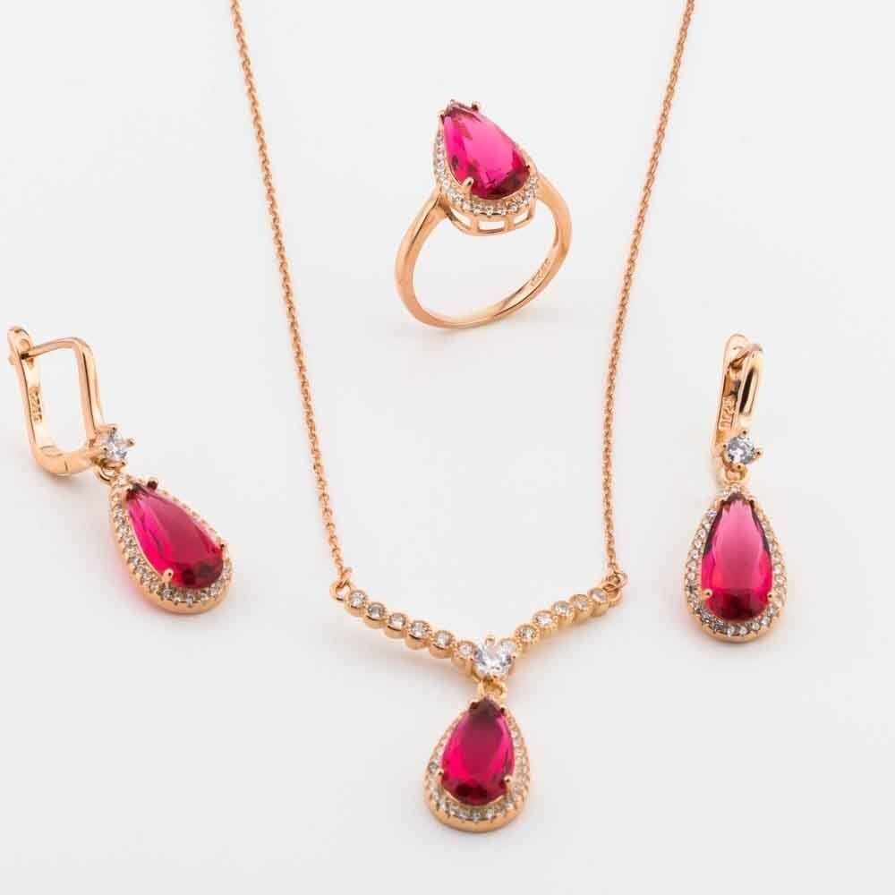 Takıhan 925 Sterling Silver Set with Pink Zircon Stone in Drop Design - 1