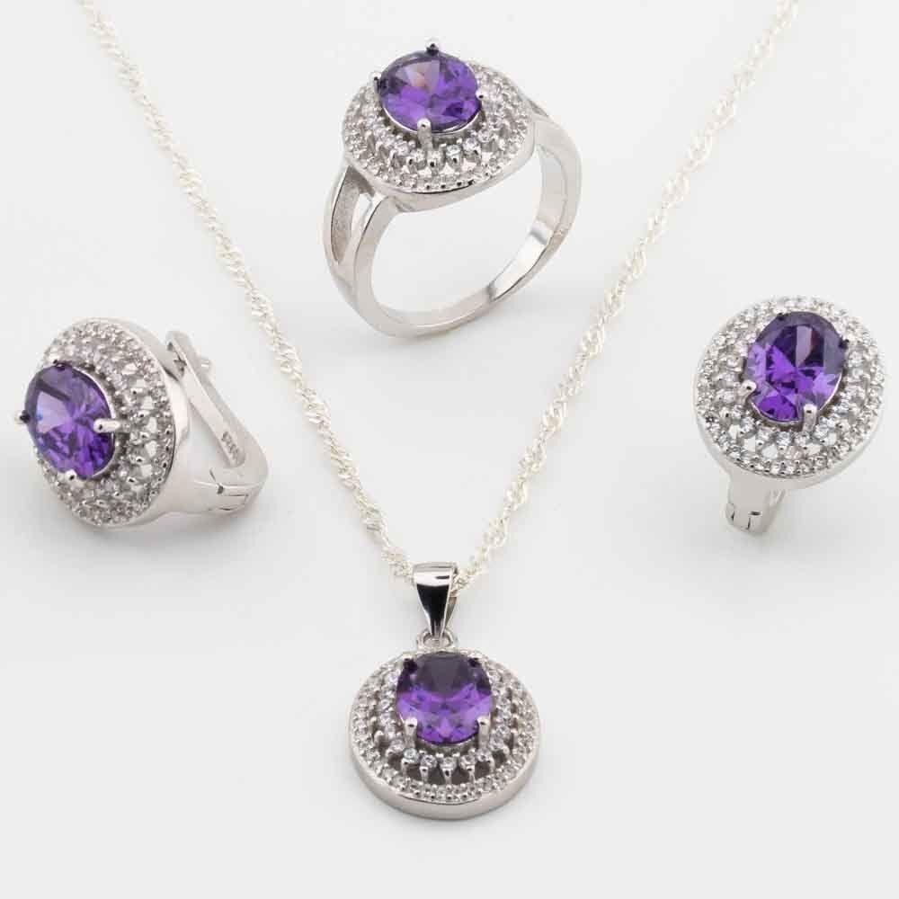 Takıhan 925 Sterling Silver Set with Purple Zircon Stone in Round Design - 1