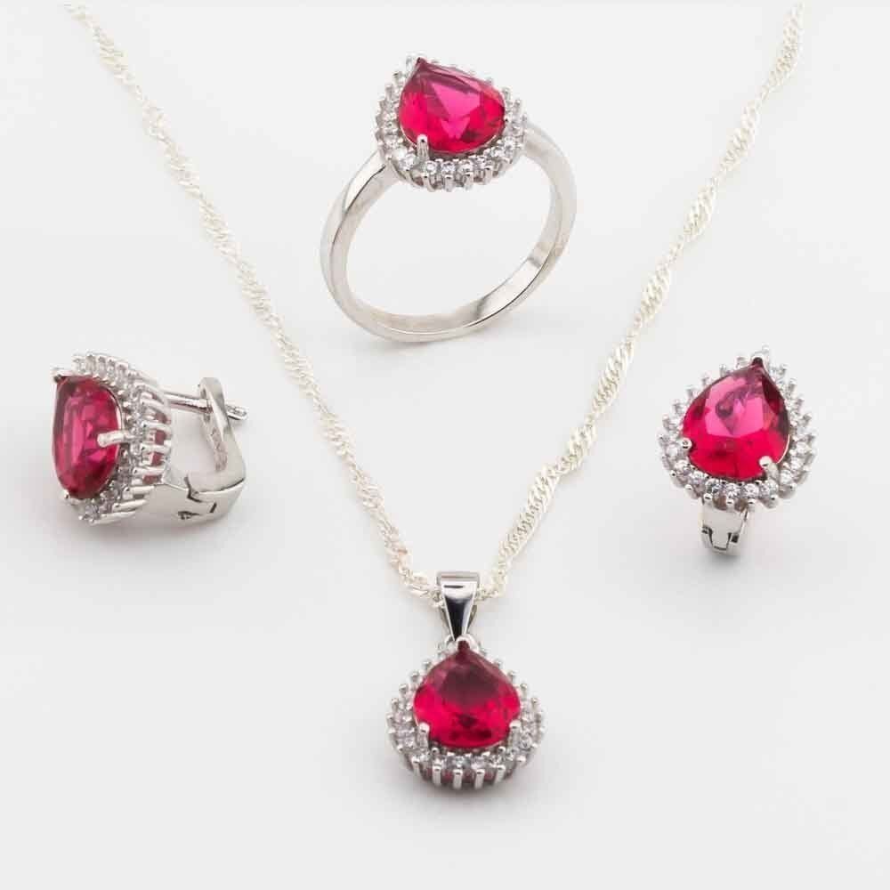 Takıhan 925 Sterling Silver Set with Red Zircon Stone in Drop Design - 1