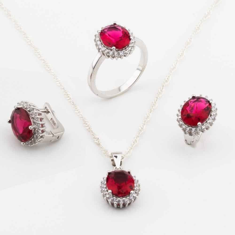 Takıhan 925 Sterling Silver Set with Red Zircon Stone in Round Design - 1