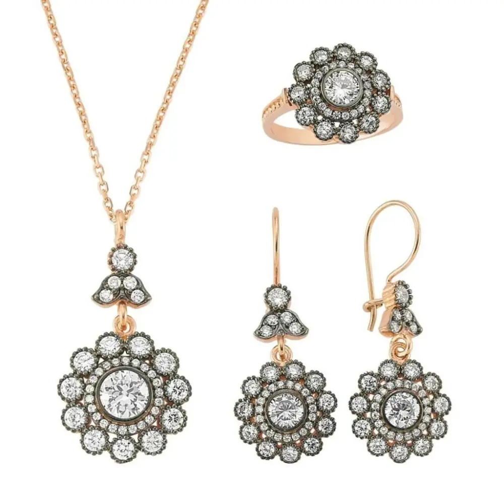 Takıhan 925 Sterling Silver Zircon Stone Flower Design Set - 1