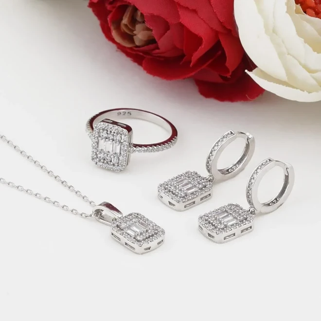 Takıhan Baguette Zircon Stone Silver Women's Set - 1