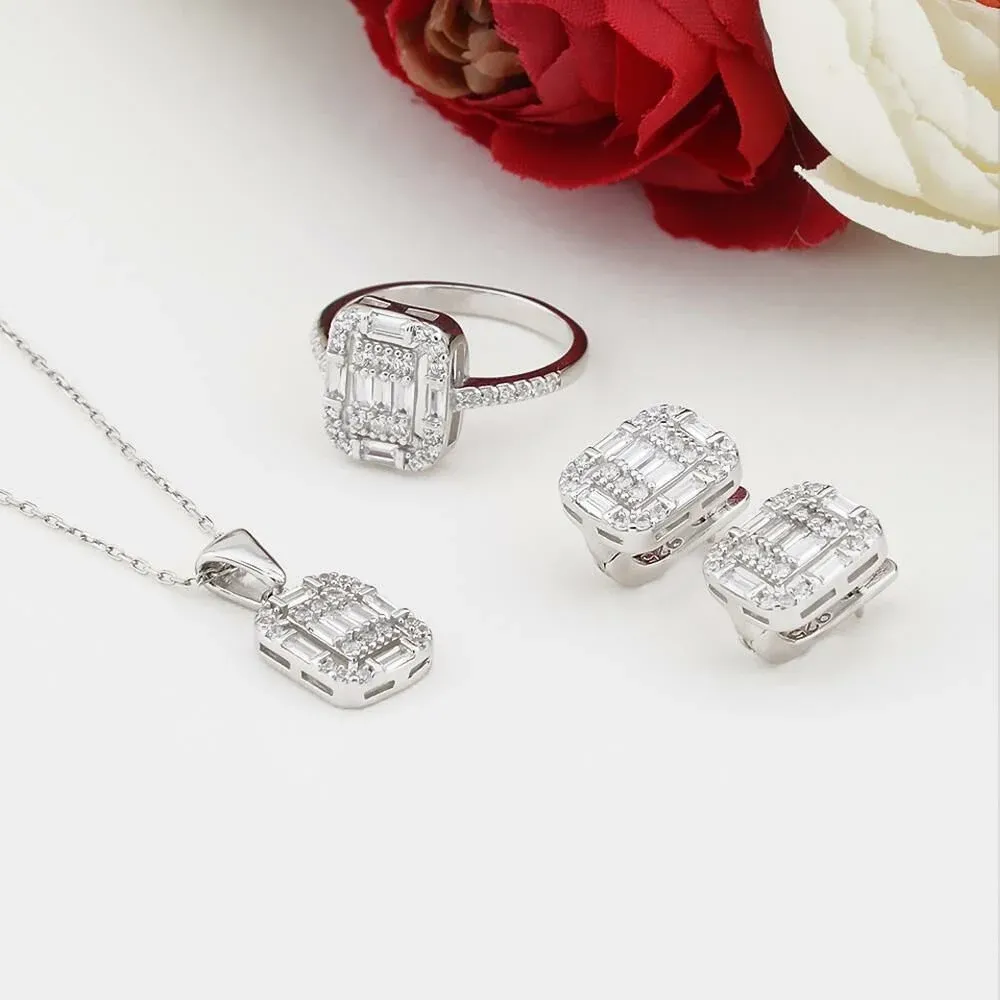 Takıhan Baguette Zircon Stone Silver Women's Set - 1