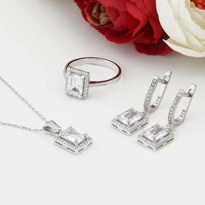 Takıhan Baguette Zircon Stone Silver Women's Set - 1