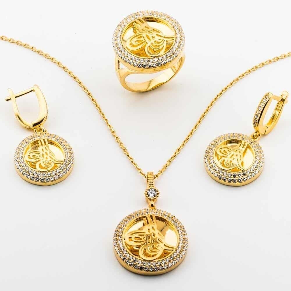 Takıhan Gold-Plated 925 Sterling Silver Set with Zircon Stone and Ottoman Tughra - 1