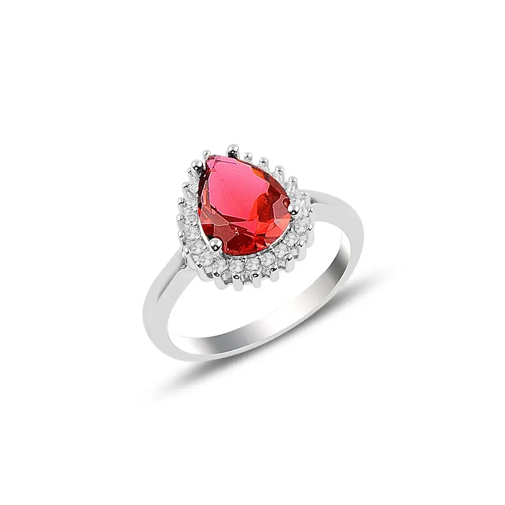 Takıhan Silver Ring with Red Zircon in Teardrop Design - 1