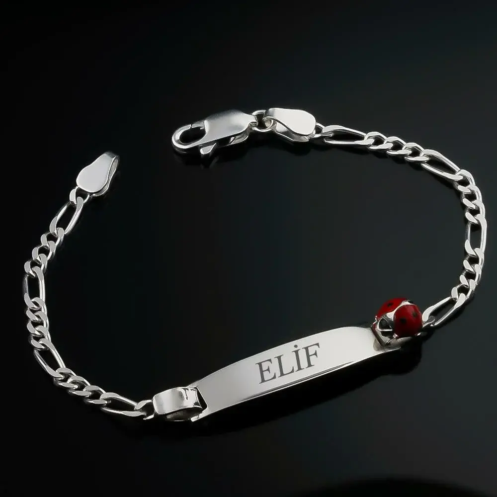 Takıhane Children's Imprint Bracelet with Name Engraved Ladybug Design 925 Sterling Silver - 1