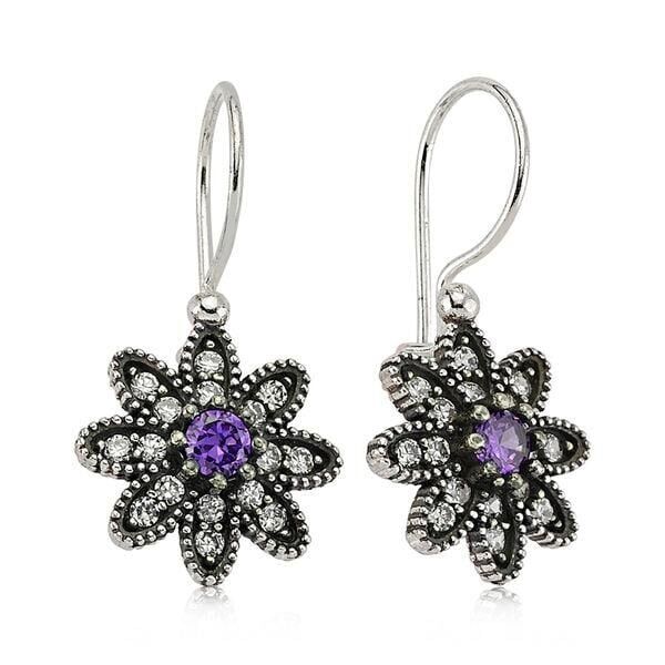 Takıhane Flower Design Purple Stone 925 Sterling Silver Earrings - 1