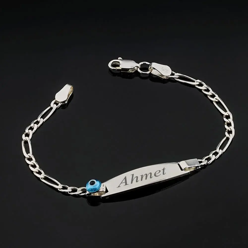 Takıhane Name Engraved Evil Eye Beaded Boy's Bracelet 925 Sterling Silver - 1