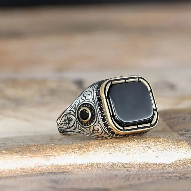 Tesbihevim Onyx Stone 925 Sterling Silver Men's Ring - 4