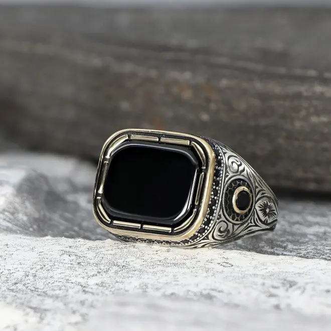 Tesbihevim Onyx Stone 925 Sterling Silver Men's Ring - 1