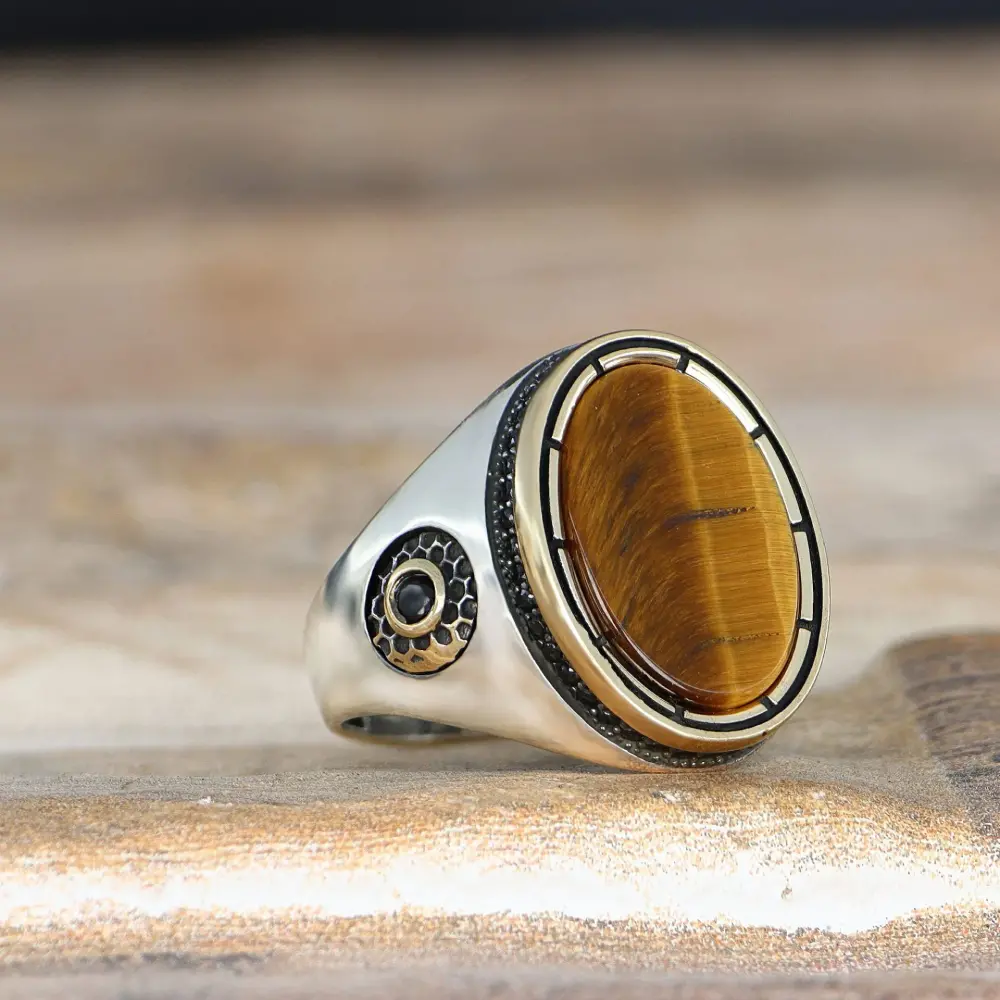 Tesbihevim Tiger's Eye Stone 925 Sterling Silver Men's Ring - 4