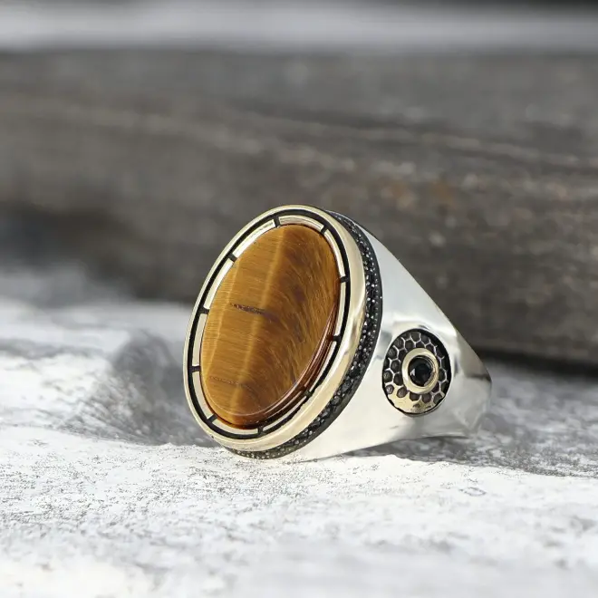 Tesbihevim Tiger's Eye Stone 925 Sterling Silver Men's Ring - 1