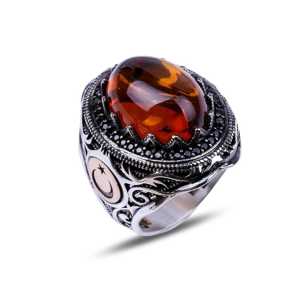 Tugra, moon and star Engraved Ring with turquoise stone - Silver Ring for Men - 1