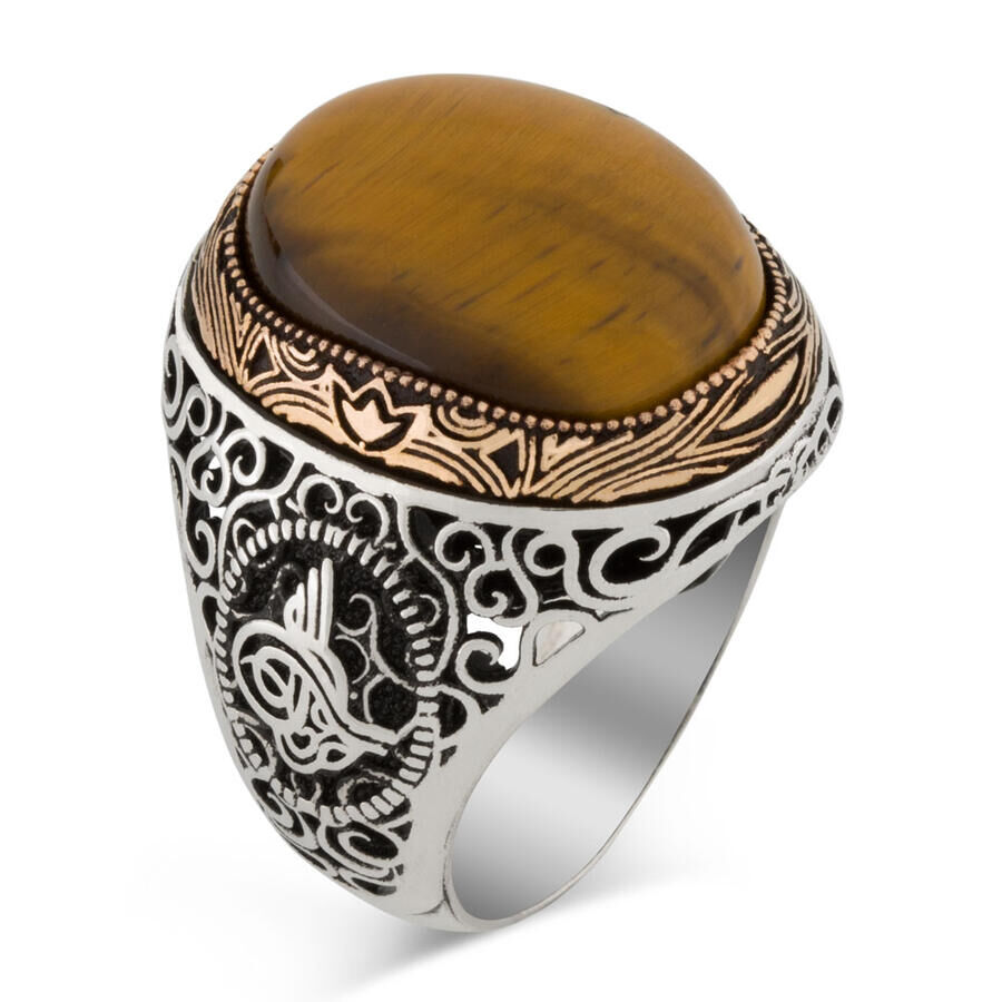 Tugra Motif 925 Sterling Silver Men's Ring Brown Tiger Eye Stone - 1