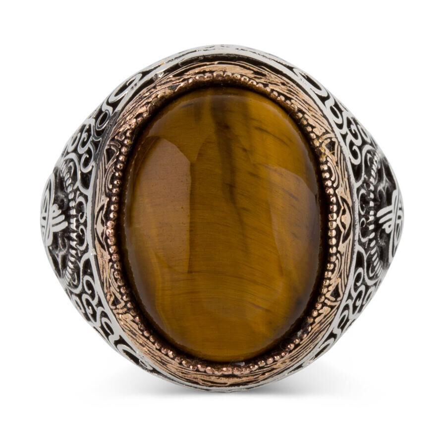 Tugra Motif 925 Sterling Silver Men's Ring Brown Tiger Eye Stone - 4