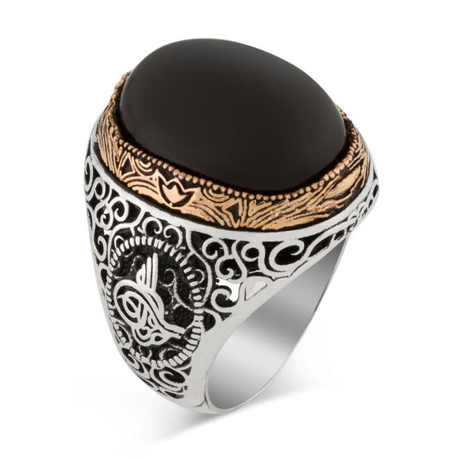 Tugra Motif 925 Sterling Silver Men's Ring with Black Onyx Stone - 1