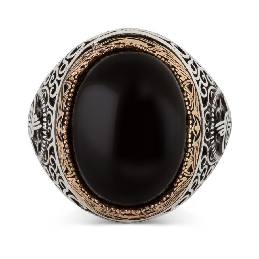 Tugra Motif 925 Sterling Silver Men's Ring with Black Onyx Stone - 3