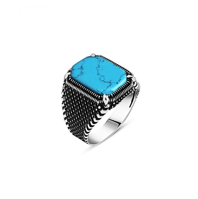 Turquoise Stone Claw Model Silver Men's Ring - 2