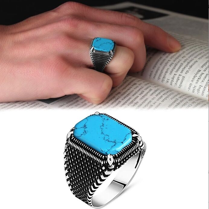 Turquoise Stone Claw Model Silver Men's Ring - 1